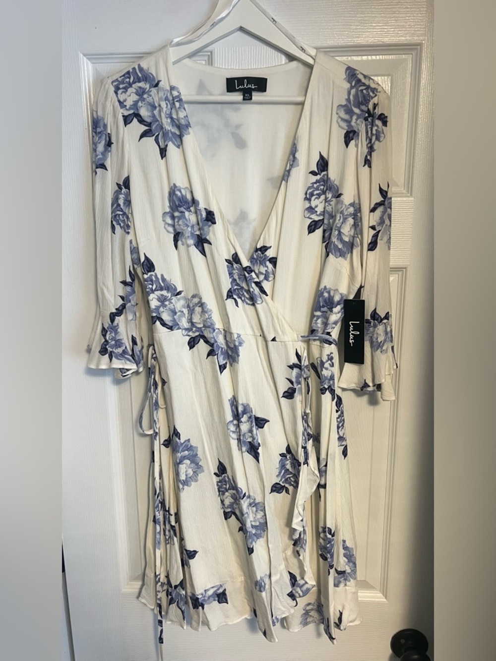 Lulu's Cream Wrap Dress with Blue Floral Print